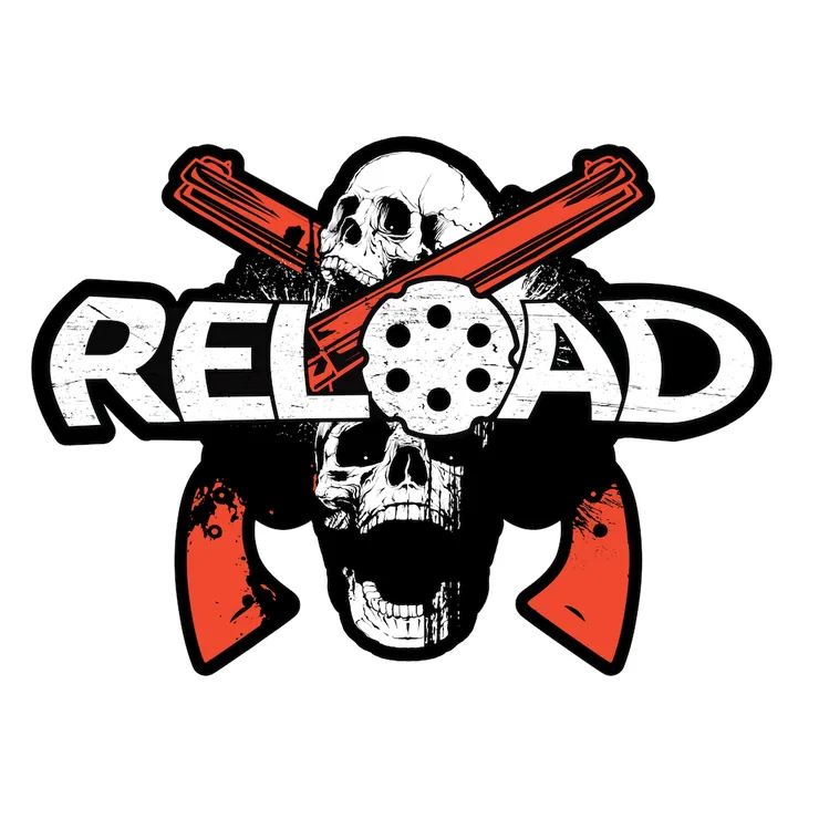 Reload logo design, two skulls with crossed red revolvers and a revolver cylinder in the lettering