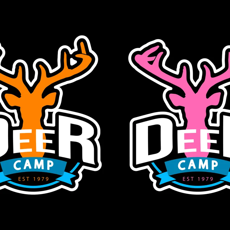 Deer Camp logo design, a deer head with antlers, in orange and pink versions