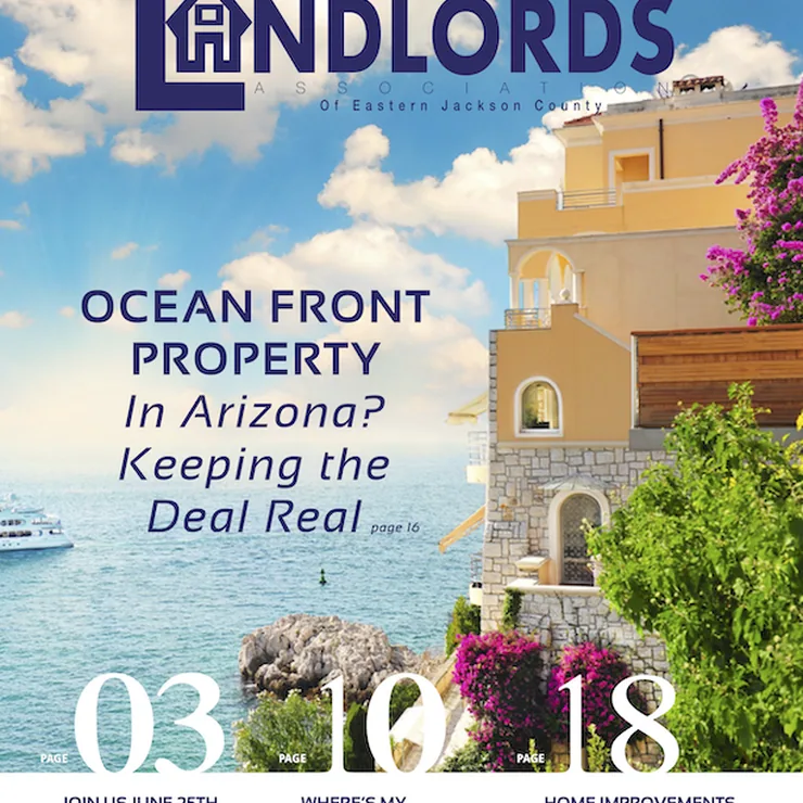 Magazine cover design for the Landlords Association of Eastern Jackson County, June 2015 issue, with a seaside villa