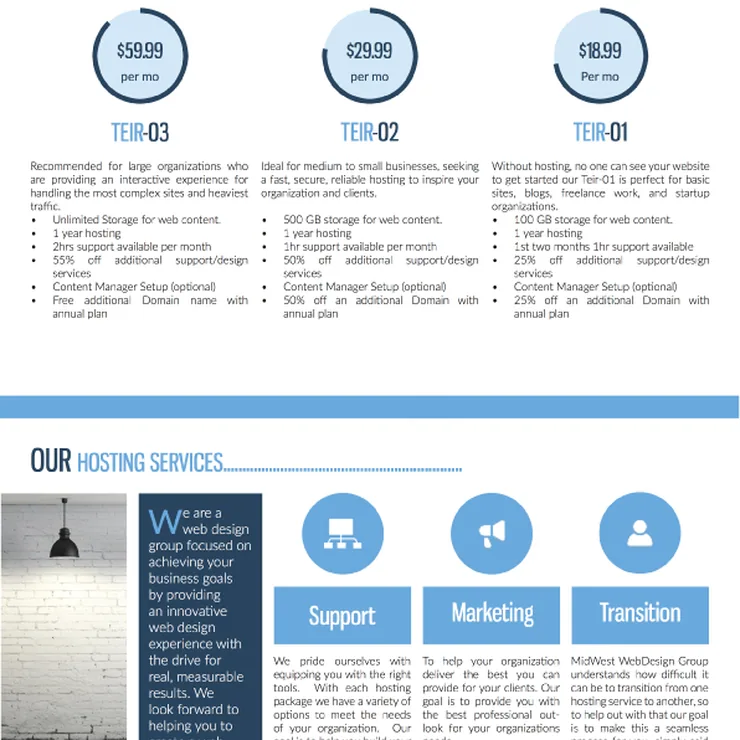 Web hosting brochure design for MidWest WebDesign Group, with sailboats and hosting plan details
