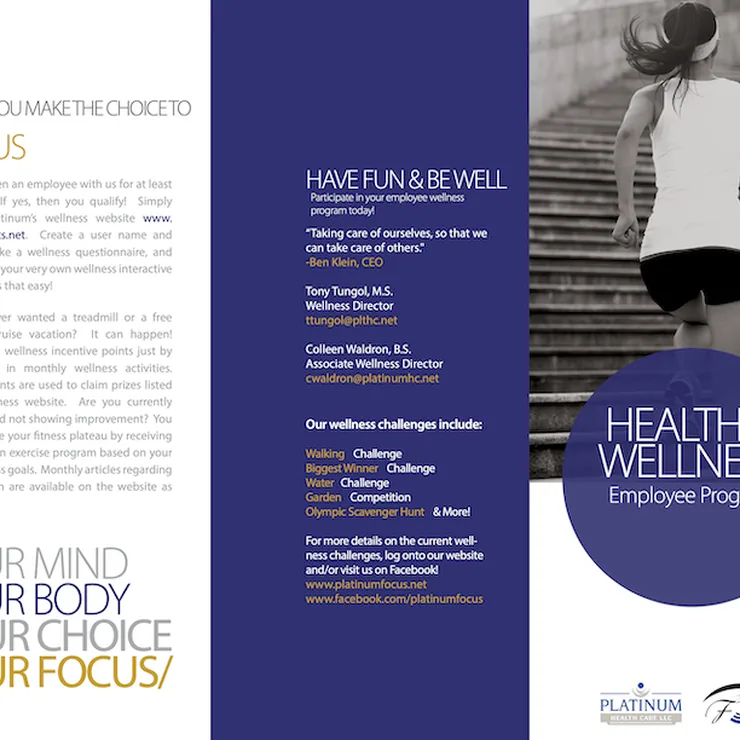 Tri-fold brochure design for an employee health and wellness program, with a runner on stadium steps