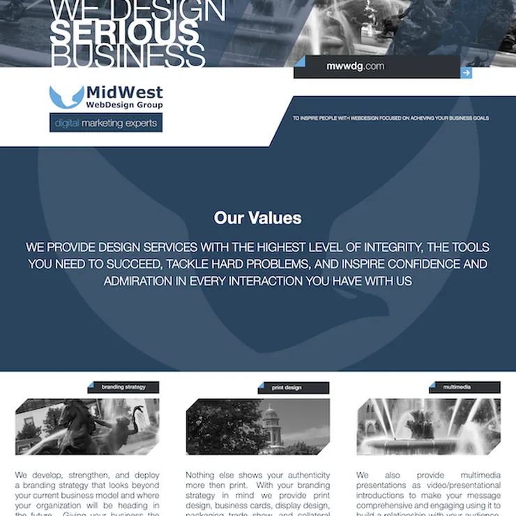 Services brochure design for MidWest WebDesign Group, We Design Serious Business