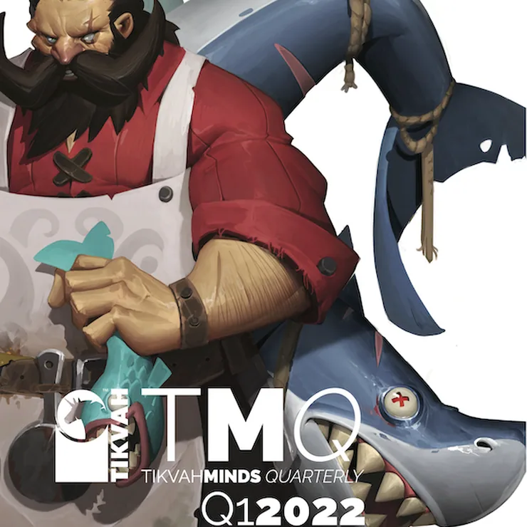TikvahMinds Quarterly Q1 2022 magazine cover design, a bearded fishmonger holding a fish beside a hanging shark