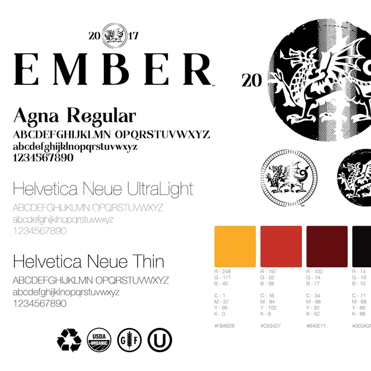 Ember brand identity sheet with a dragon emblem, typefaces and a color palette