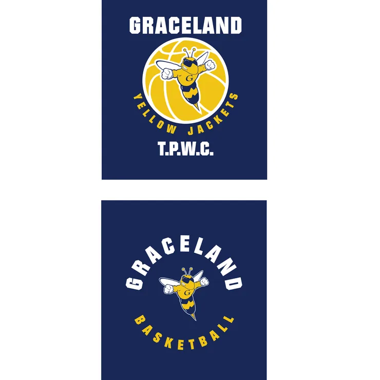Graceland Yellow Jackets men's basketball logo designs with a yellow jacket mascot on navy