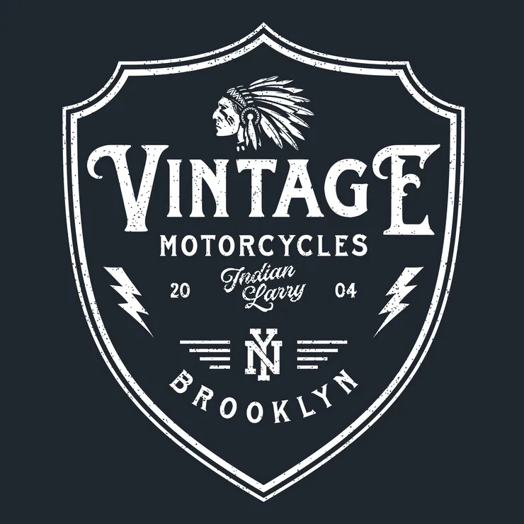 Vintage Motorcycles badge design, Indian Larry, Brooklyn, in white on charcoal