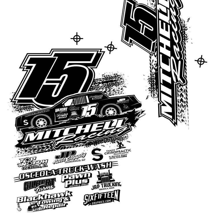 Mitchell Racing number 15 race shirt design with a stock car and sponsor logos, in black and white