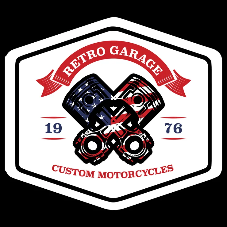 Retro Garage Custom Motorcycles badge design, crossed pistons in a stars and stripes pattern