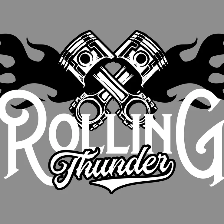 Rolling Thunder logo design, crossed pistons with black flames