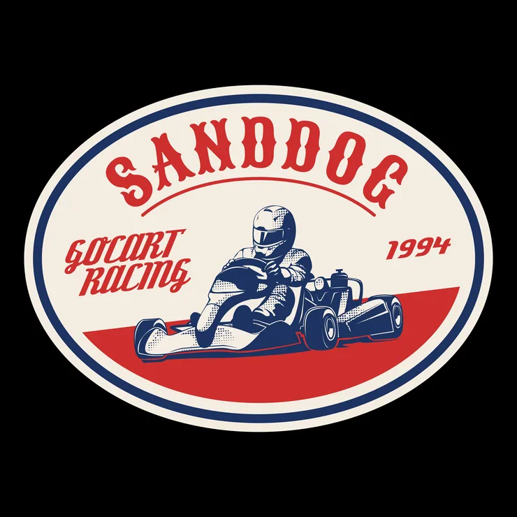 Sanddog Go Cart Racing badge design, a driver in a go-kart, in red, white and blue