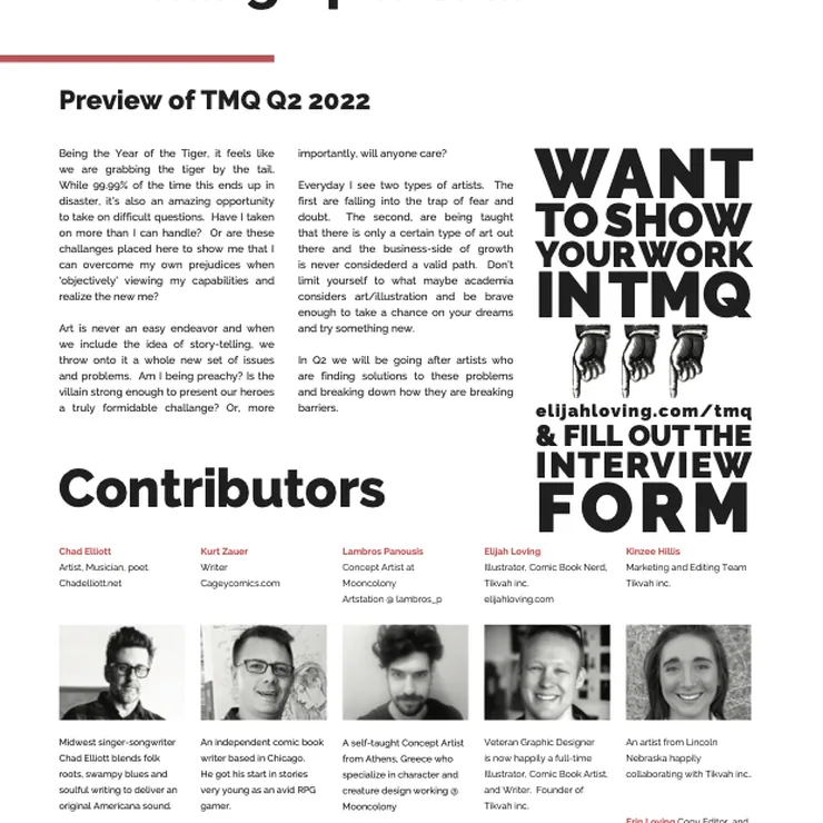 TikvahMinds Quarterly magazine page layout with a preview of the next issue and the contributors