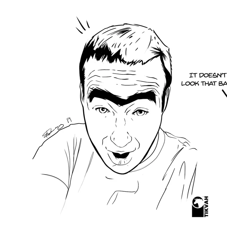 Inked comic gag panel, a man with a unibrow and a speech bubble