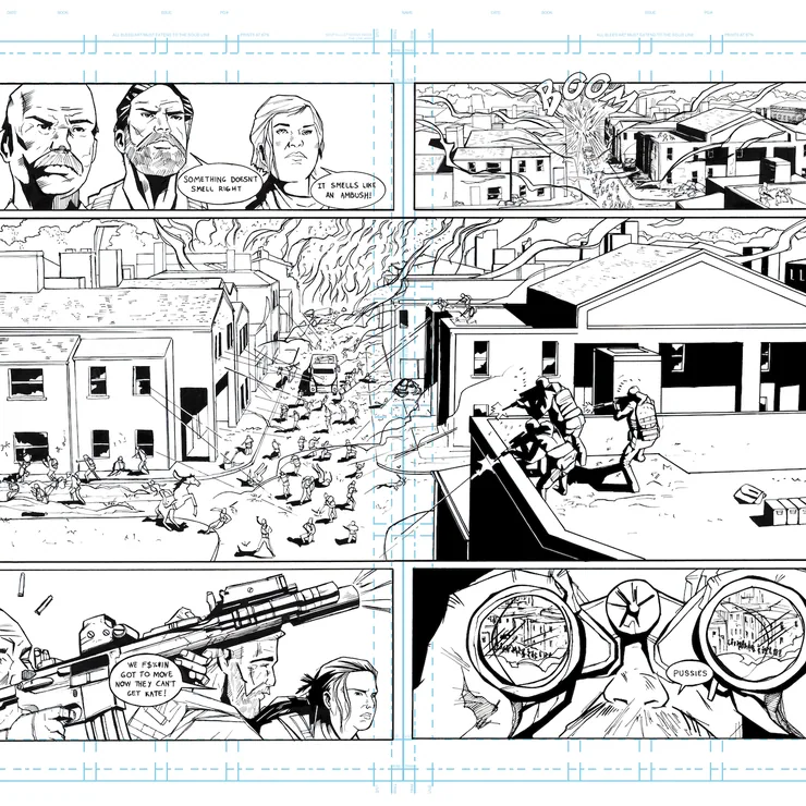 Penciled comic page, "Ambush," a sniper and an attack on a village