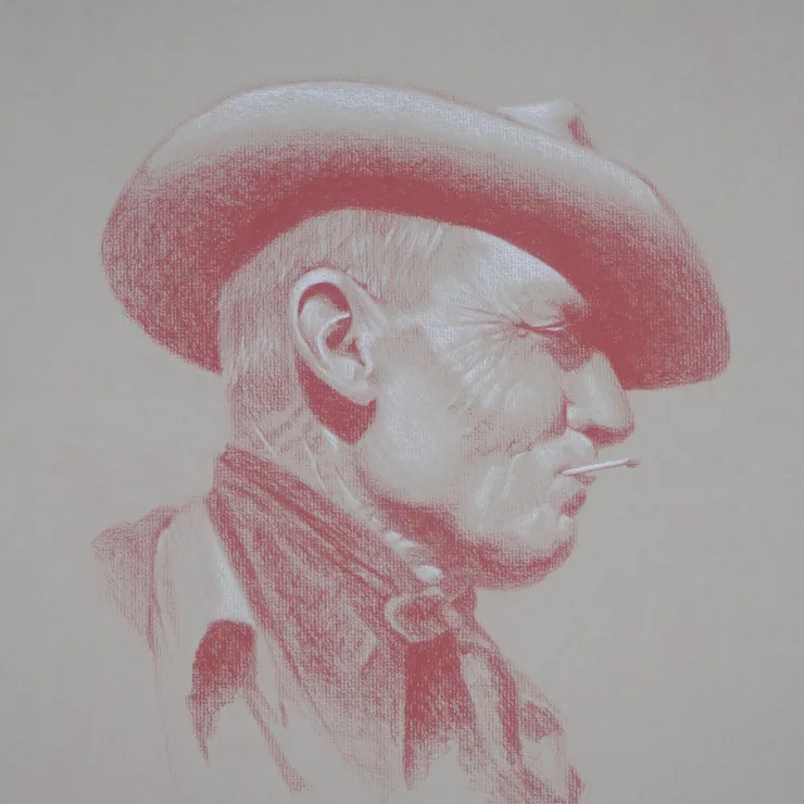 Red chalk portrait study of an older man in a cowboy hat