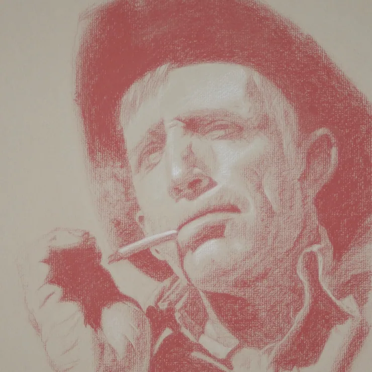 Red chalk portrait study of a man with a cigarette