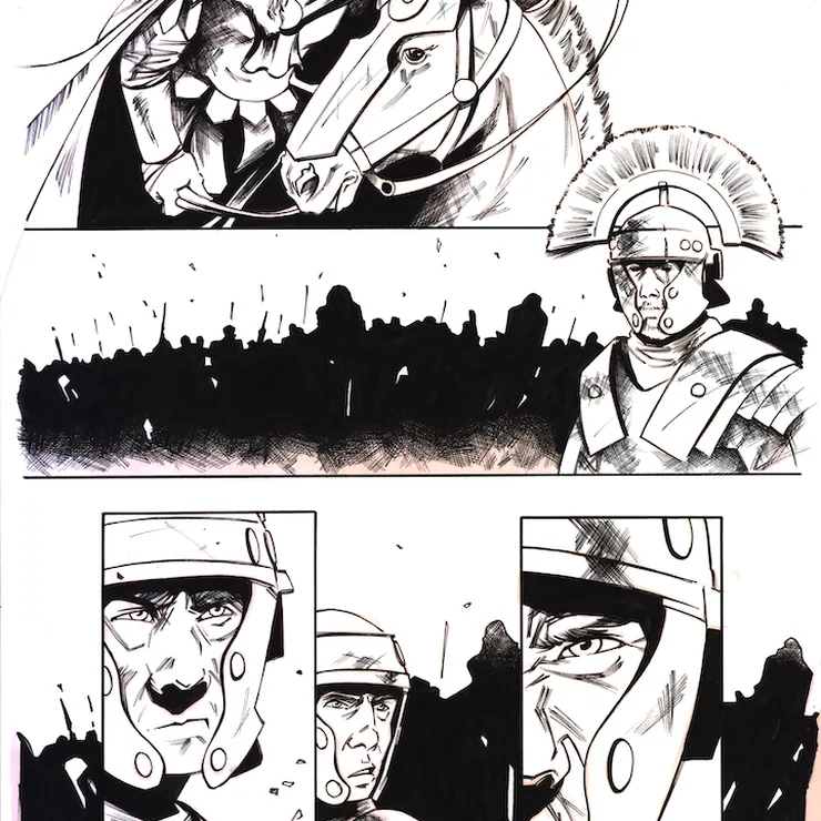 Inked comic page with soldiers and a crowd, page 8
