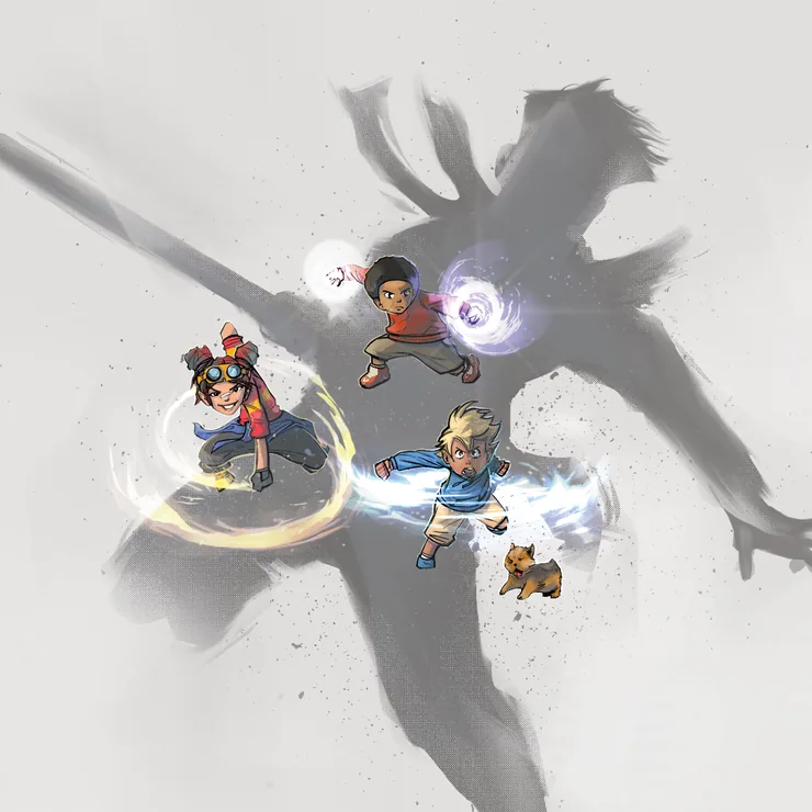 Three kids with powers and their dog facing a giant shadow figure