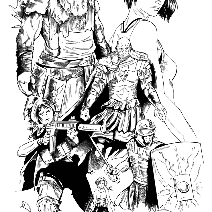 Black and white ink illustration of a fantasy cast, a giant, a warrior woman and a Roman soldier