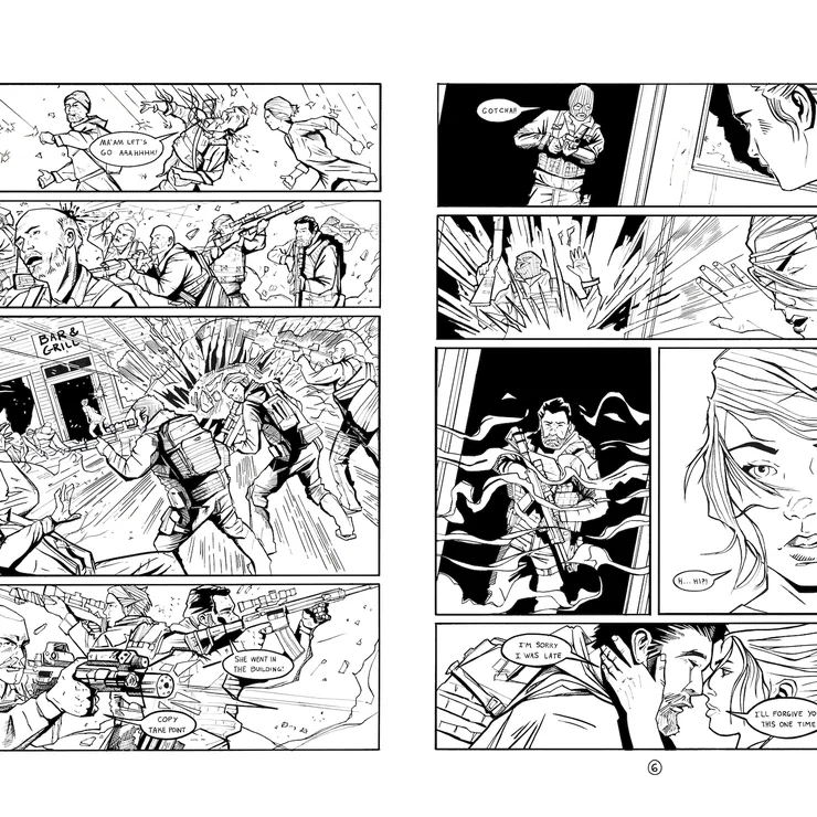 Black and white comic pages, an action sequence and a woman's close-up