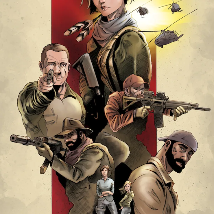 The Last Colony poster, a heroine and her armed team with helicopters behind them