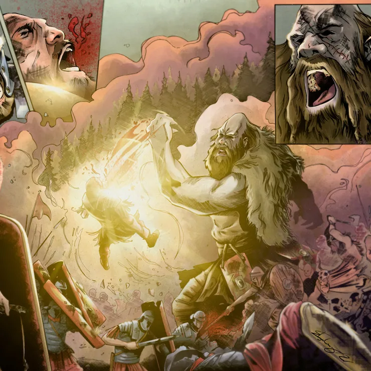 Fantasy battle illustration, Roman soldiers fighting a giant beast in a burst of light