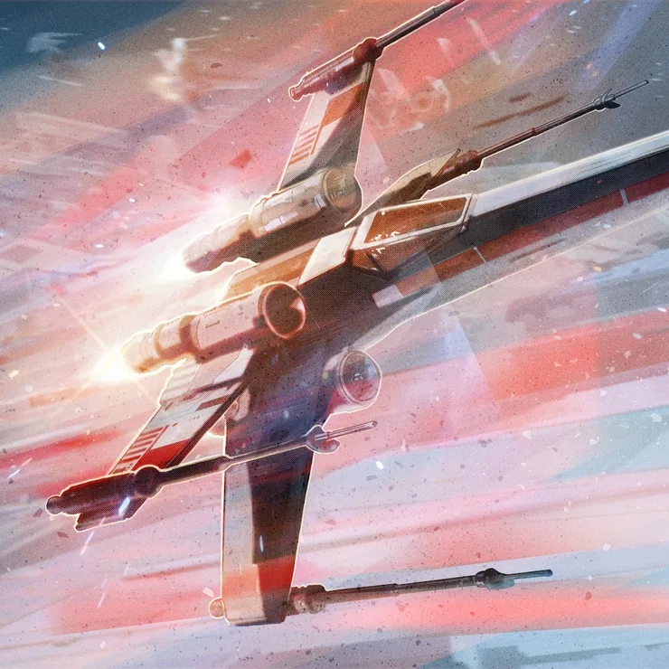 Star Wars fan art, an X-wing flying through clouds