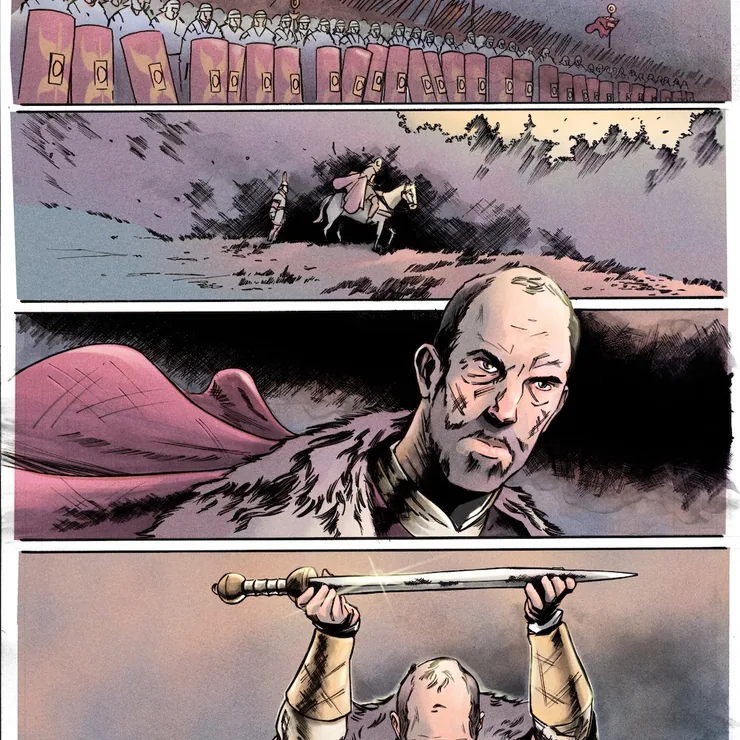 Teutonic Monsters comic page, Roman legion and a commander raising his sword