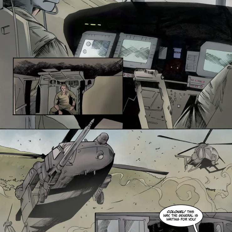 The Last Colony comic page, a helicopter landing