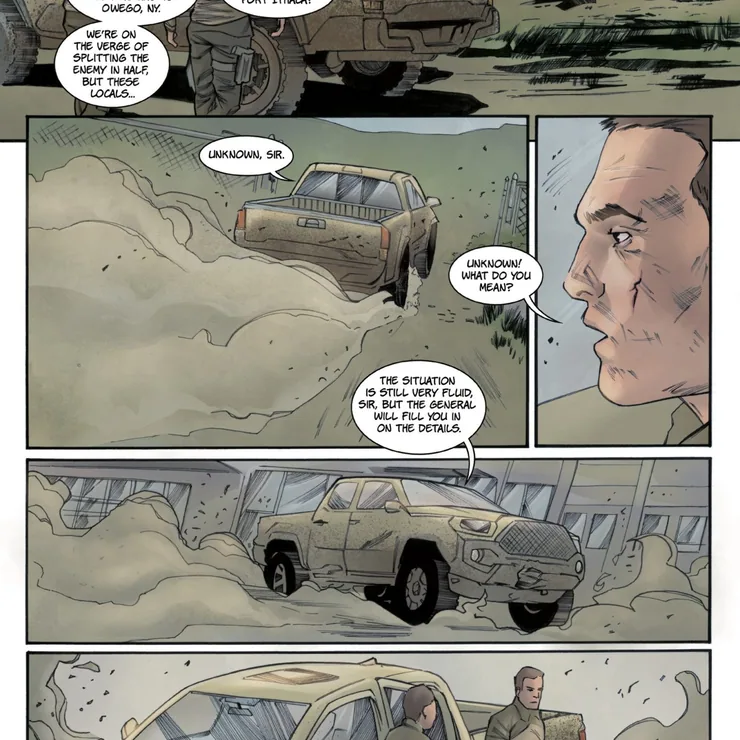 The Last Colony comic page, a military truck on a desert road