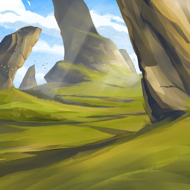 Treasure Island sketchbook painting, green hills and rock formations